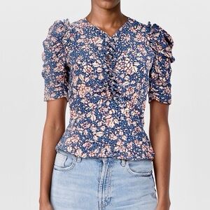 Isabel Marant Silk Zip-Front Blue Floral Ruched Short Sleeve Blouse Top 38/US 6